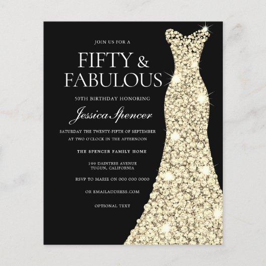 Gold Dress 50th & Fabulous 50th Birthday Invite (Voorkant)