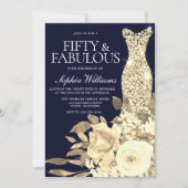 Gold Dress Golden Flowers Navy 50th Birthday Party Kaart (Voorkant)