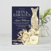 Gold Dress Golden Flowers Navy 50th Birthday Party Kaart (Staand voorkant)