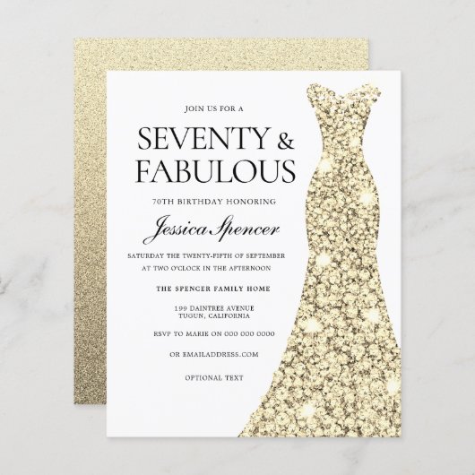 Gold Dress Womans 70th Birthday Budget Invite (Voorkant / Achterkant)