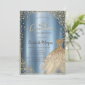 Gold DressTiara, Diamonds Blue Quinceañera Kaart (Staand voorkant)