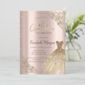 Gold DressTiara, Diamonds Roos Gold Quinceañera Kaart (Staand voorkant)