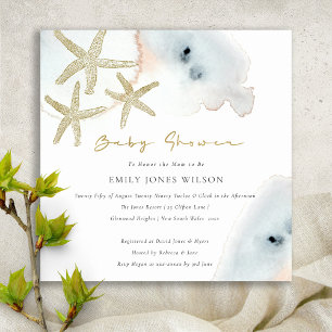 GOLD DUSKY BLUE BEACHY STARFISH BABY SHOWER INVITE BEDANKKAART