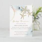 Gold Dusky Blue Beachy Starfish Baby shower Kaart (Staand voorkant)