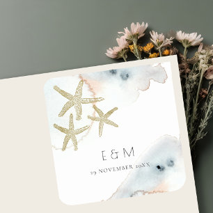 GOLD DUSKY BLUE BEACHY STARFISH MONOGRAM WEDDING VIERKANTE STICKER