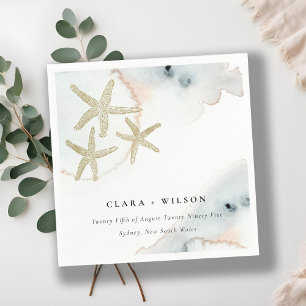 Gold Dusky Blue Beachy Starfish Waterverf Wedding Servet