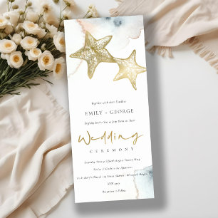 GOLD DUSKY BLUE BEACHY STARFISH WEDDING INVITATION KAART