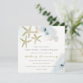 GOLD DUSKY BLUE BEACHY STARFISH WEDDING INVITE BEDANKKAART (Staand voorkant)