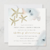 GOLD DUSKY BLUE BEACHY STARFISH WEDDING INVITE BEDANKKAART (Voorkant)