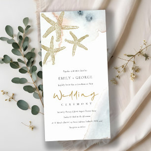 GOLD DUSKY BLUE BEACHY STARFISH WEDDING INVITE BEDANKKAART