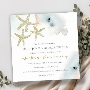 GOLD DUSKY BLUE BEACHY STARFISH WEDDING INVITE BEDANKKAART