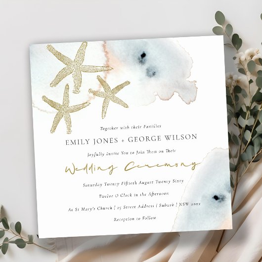 GOLD DUSKY BLUE BEACHY STARFISH WEDDING INVITE BEDANKKAART