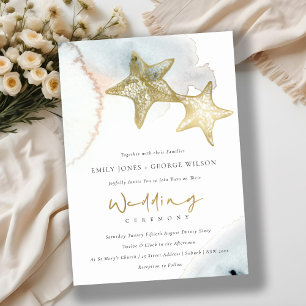 GOLD DUSKY BLUE BEACHY STARFISH WEDDING INVITE BEDANKKAART