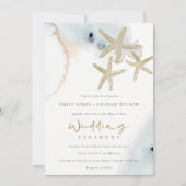 GOLD DUSKY BLUE BEACHY STARFISH WEDDING INVITE BEDANKKAART (Voorkant)