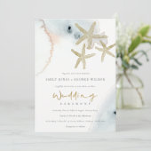 GOLD DUSKY BLUE BEACHY STARFISH WEDDING INVITE BEDANKKAART (Staand voorkant)