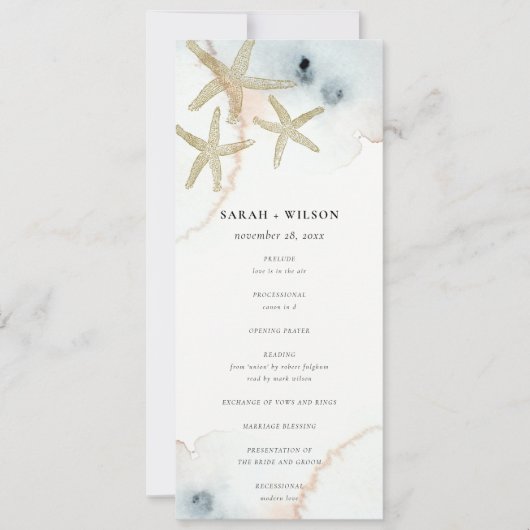 Gold Dusky Blue Beachy Starfish Wedding Program Kaart (Voorkant)