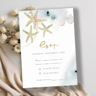 GOLD DUSKY BLUE BEACHY STARFISH WEDDING RSVP INFORMATIEKAARTJE