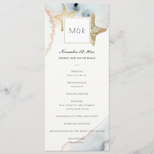 GOLD DUSKY BLUE STARFISH WEDDING CEREMONY PROGRAMM MENU (Voorkant)