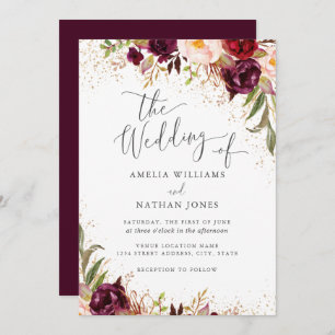 Gold Dust Burgundy Floral Fall Wedding Kaart