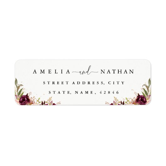 Gold Dust Burgundy Floral Waterverf Wedding Etiket (Voorkant)