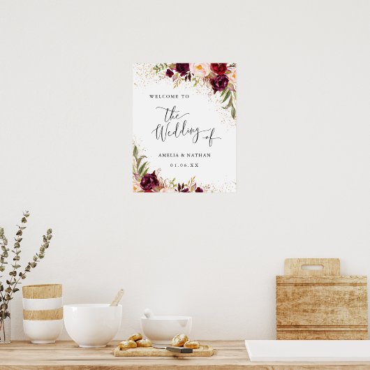 Gold Dust Burgundy Floral Welcome Wedding Poster (Keuken)