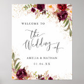 Gold Dust Burgundy Floral Welcome Wedding Poster (Voorkant)