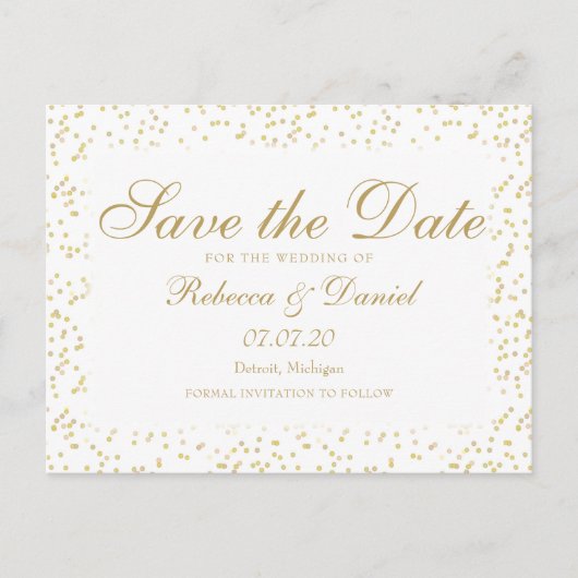 Gold Dust Confetti Script De datum opslaan Aankondigingskaart (Voorkant)