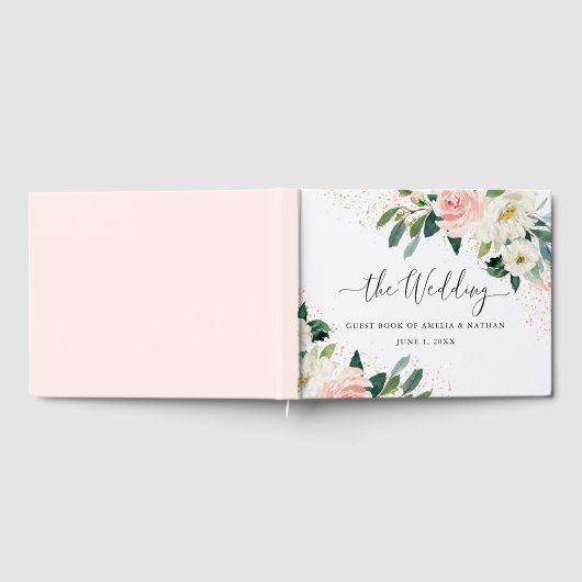 Gold Dust Peach Blush Floral Waterverf Weddenschap Gastenboek (Volledig)