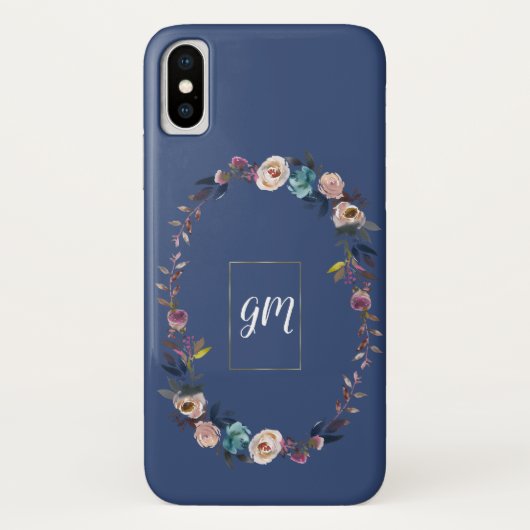 Gold Dusty Blue Misty Roos Bloemenkrans Monogram Case-Mate iPhone Case (Achterkant)