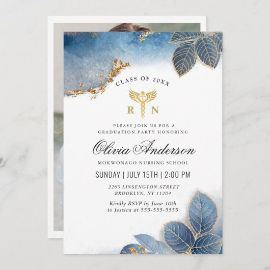 Gold Dusty Blue PHOTO Nursing School Afstuderen Kaart (Voorkant / Achterkant)