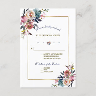 Gold Dusty Blue Pink Floral Weddenschap RSVP Kaartje