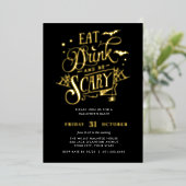GOLD Eat Drink en eng Halloween Bash Party Folie Uitnodiging (Staand Voorkant)