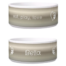 Gold 'eat, play, love' Dog Name Bowl