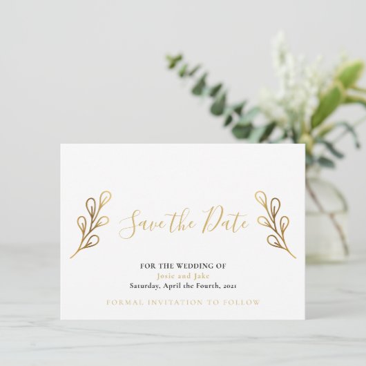 Gold-effect-bladen bewaren de datumkaart save the date (Staand voorkant)