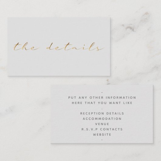 Gold effect script, de details licht grijs informatiekaartje (Voorkant / Achterkant)