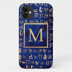 Gold Egyptian Hieroglyphics on Blue Intial iPhone 11 Hoesje