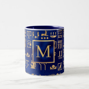 Gold Egyptian Hieroglyphics on Blue Intial Tweekleurige Koffiemok