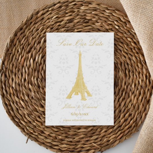 Gold Eiffel Tower Damask slaat de datum op Aankondiging