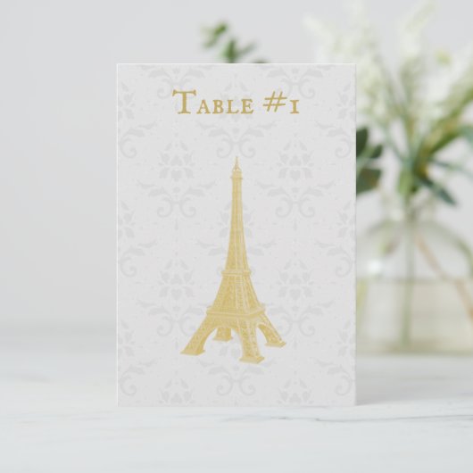 Gold Eiffel Tower Damask Wedding Table Kaart (Staand voorkant)