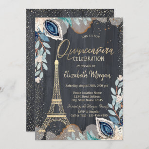 Gold Eiffel Tower, Flowers, Black Quinceañera Kaart