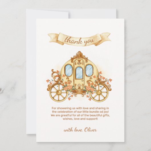 Gold Elegant Flower Prince Carriage Baby Shower Bedankkaart (Voorkant)