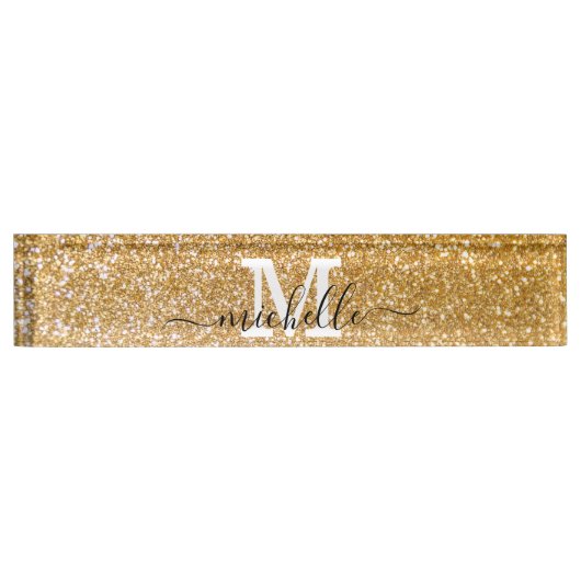 Gold Elegant Glitter Feminine Script Name Naambordje (Voorkant)