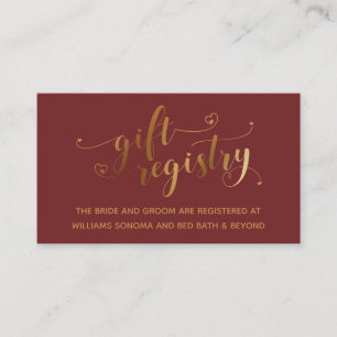 Gold Elegant Hearts Script Burgundy Gift Registry Informatiekaartje