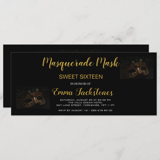 Gold Elegant Masquerade maskerade Theme Sweet Sixt Kaart (Voorkant / Achterkant)