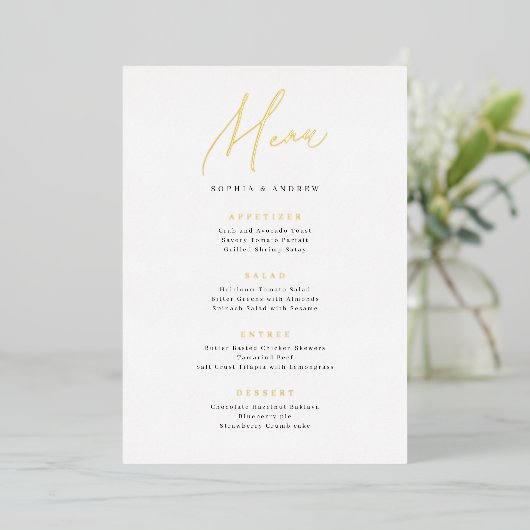Gold elegant modern script minimalistisch trouwmen folie uitnodiging (Staand Voorkant)
