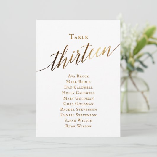 Gold Elegant Script Table Number 13 Seating Chart Kaart (Staand voorkant)