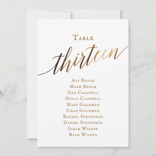 Gold Elegant Script Table Number 13 Seating Chart Kaart (Achterkant)