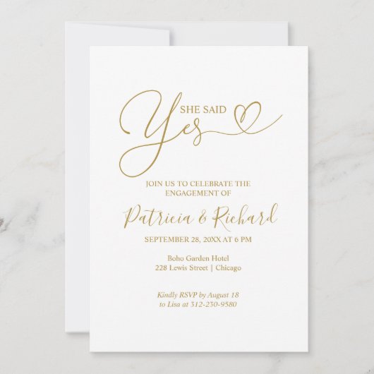 Gold Elle A Dit Oui Engagement Partie Invitation (Devant)