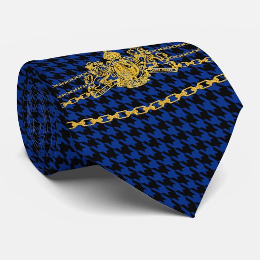 Gold Emblem Chain Trim Black Blue Houndstooth Stropdas (Opgerold)