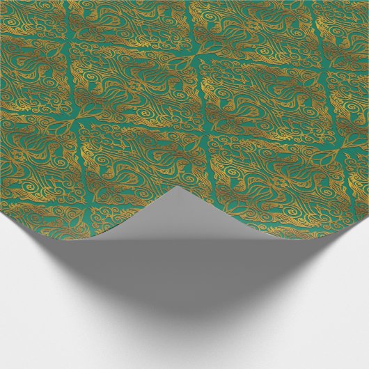 Gold Embossed Oriental Pattern on Green Cadeaupapier (Hoek)